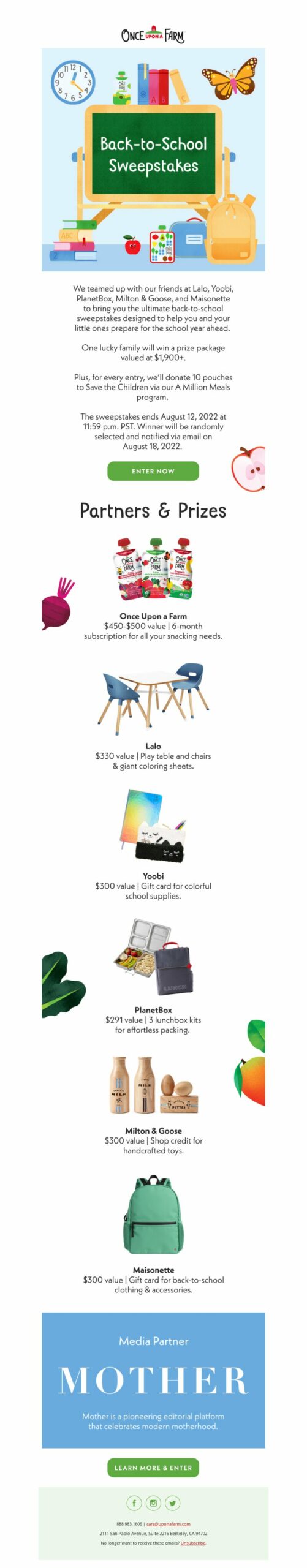 Once Upon a Farm, back-to-school email marketing campaign.