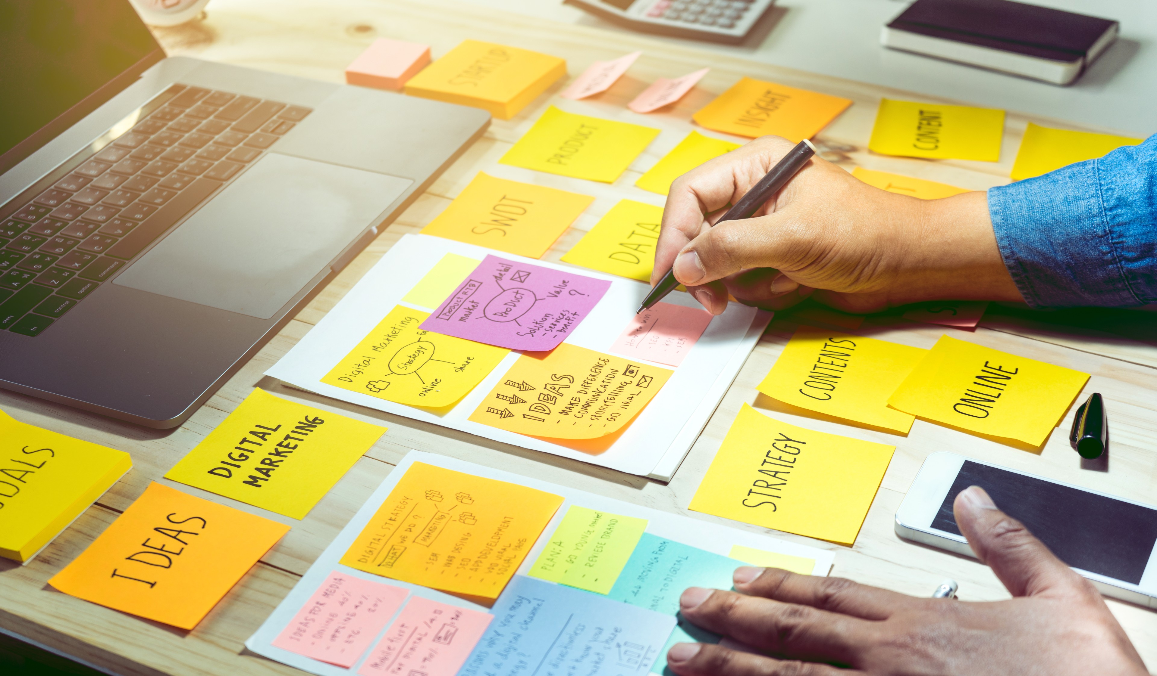 Business brainstorming and communication marketing plan concept stock photo