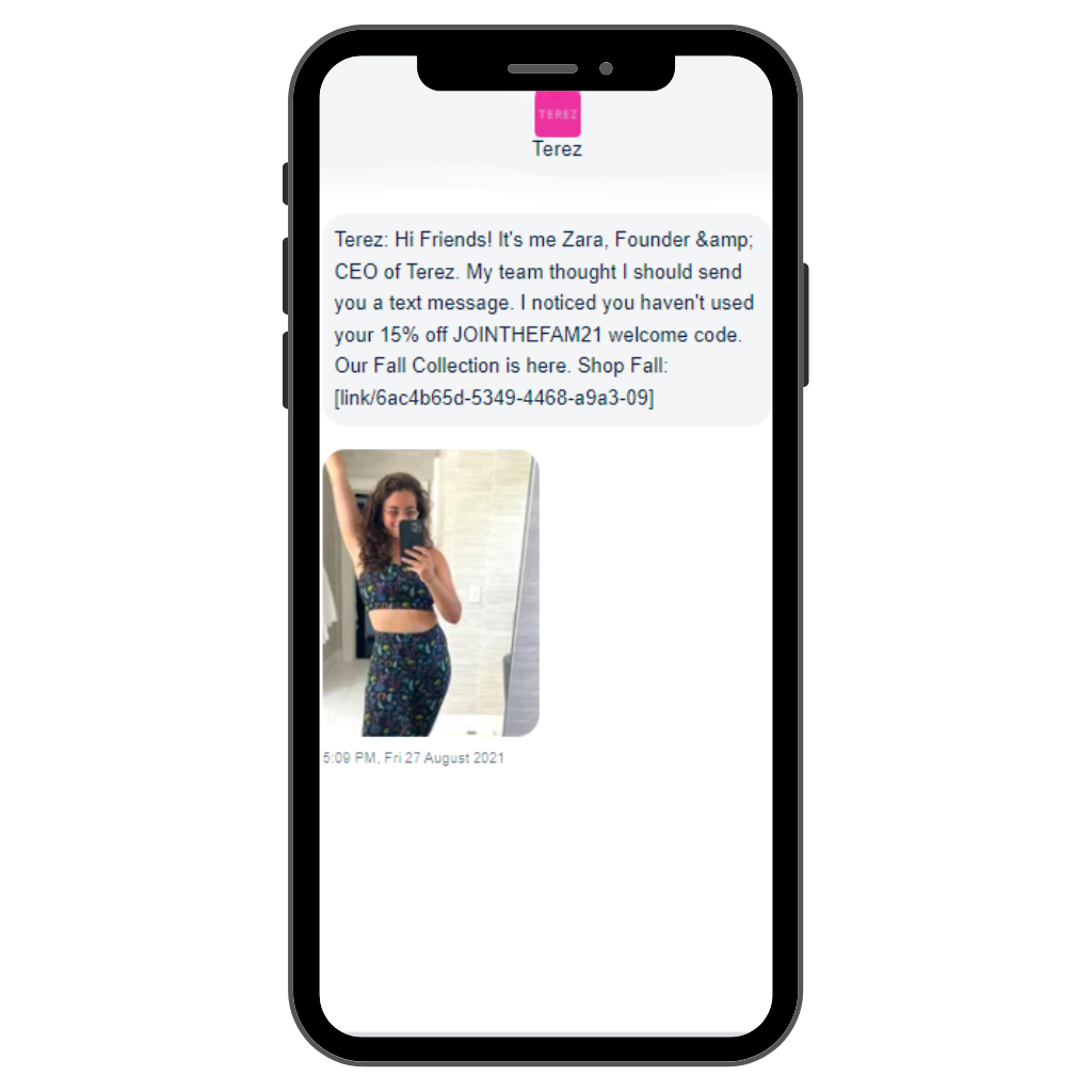 Terez, MMS welcome series message featuring a personal message from the CEO.