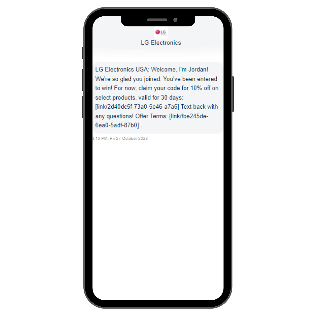 LG Electronics, SMS welcome series message using personalization.