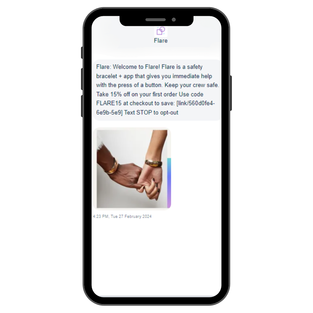 Flare, SMS welcome series message showing its brand story.