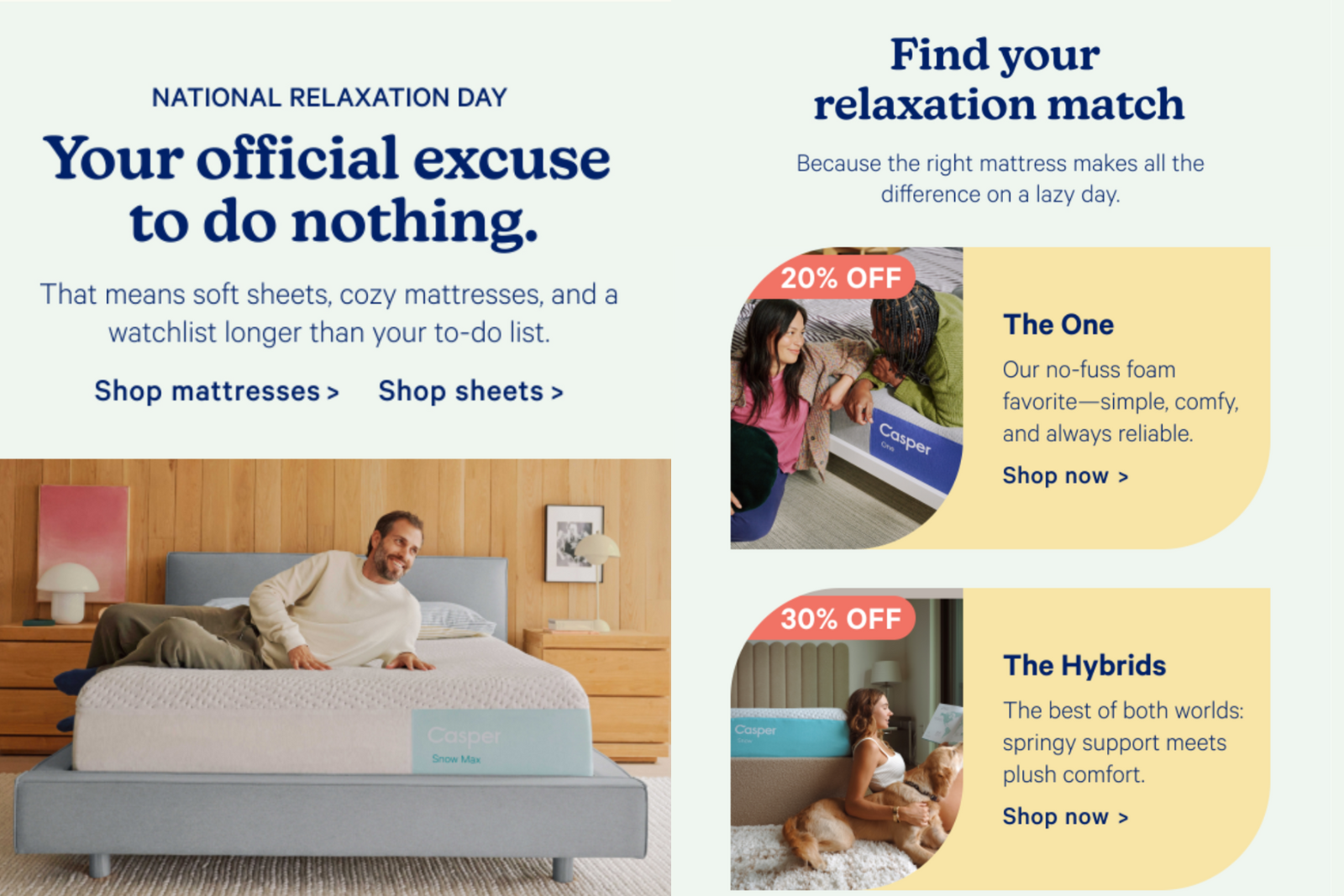 Casper, National Relaxation Day email marketing campaign.